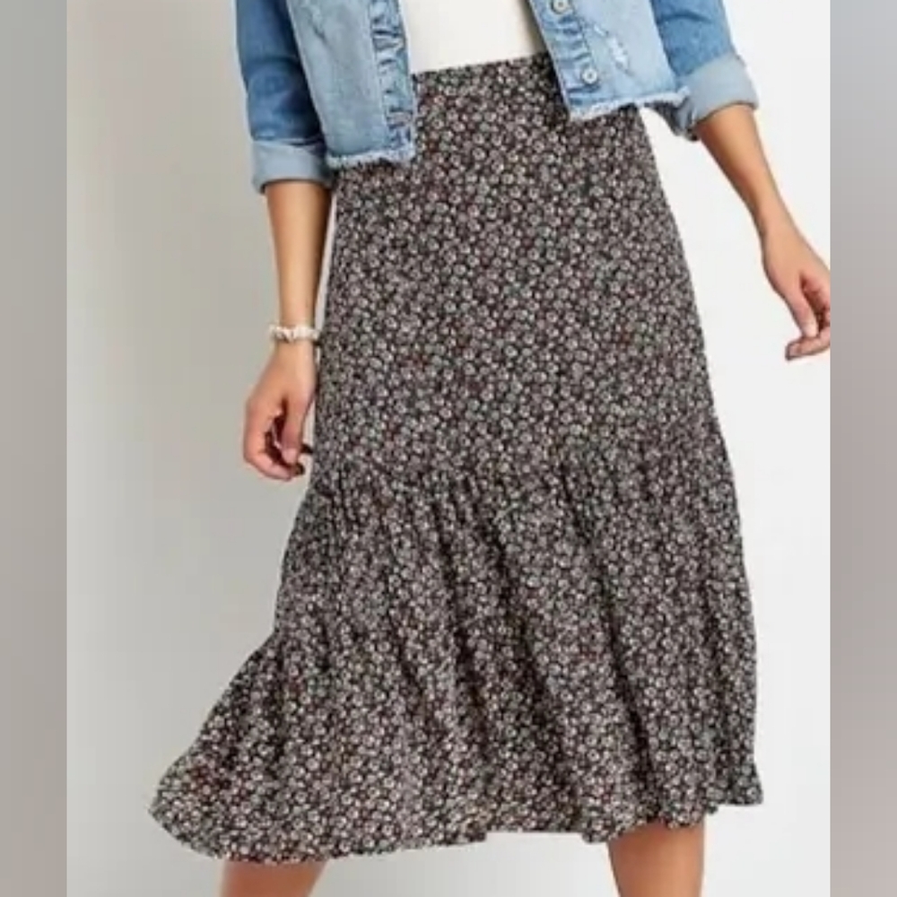 Maurices Black Floral Tiered Midi Skirt With Ruffled Hem